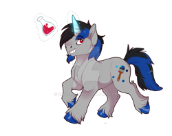 Size: 900x708 | Tagged: safe, artist:kingprobby, imported from derpibooru, oc, oc only, pony, unicorn, deviantart watermark, ear fluff, eyebrows, eyebrows visible through hair, full body, glowing, glowing horn, grin, hooves, horn, magic, male, obtrusive watermark, raised hoof, simple background, smiling, solo, stallion, tail, telekinesis, transparent background, two toned mane, two toned tail, unicorn oc, unshorn fetlocks, watermark