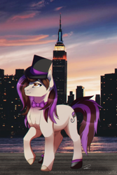 Size: 1000x1500 | Tagged: safe, artist:kingprobby, imported from derpibooru, oc, oc only, oc:bowtie, earth pony, pony, bowtie, city, female, hat, mare, solo, top hat