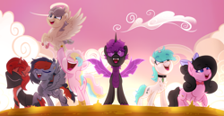 Size: 3051x1570 | Tagged: safe, artist:thatonefluffs, imported from derpibooru, oc, oc:downfall, oc:elytra, oc:funfetti, oc:lightning flower, oc:moonlight, oc:steel skull, oc:vanilla breeze, changeling, earth pony, pegasus, unicorn, bandana, base used, freckles, g5, my little pony: a new generation, purple changeling, smiling, unshorn fetlocks