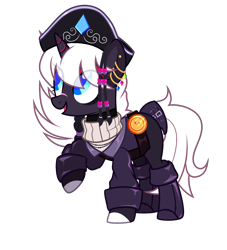 Size: 2286x2520 | Tagged: safe, artist:idkhesoff, derpibooru exclusive, imported from derpibooru, oc, oc only, oc:diamond doubloon, pony, unicorn, belt, boots, clothes, coat, ear piercing, earring, eyeshadow, female, hat, jewelry, makeup, mare, markings, open mouth, piercing, pirate, pirate hat, raised hoof, scar, shirt, shoes, simple background, solo, sweater, transparent background