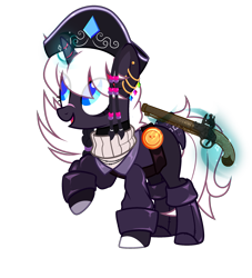 Size: 2286x2520 | Tagged: safe, artist:idkhesoff, derpibooru exclusive, imported from derpibooru, oc, oc only, oc:diamond doubloon, pony, unicorn, belt, boots, clothes, coat, ear piercing, earring, eyeshadow, female, flintlock, glowing, glowing horn, gun, handgun, hat, horn, jewelry, levitation, magic, makeup, mare, markings, open mouth, piercing, pirate, pirate hat, pistol, raised hoof, scar, shirt, shoes, simple background, solo, sweater, telekinesis, transparent background