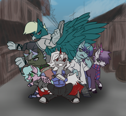 Size: 900x831 | Tagged: safe, artist:zoeandlodar, imported from derpibooru, oc, oc only, earth pony, griffon, pegasus, unicorn, fallout equestria, ashes town, female, male, mare, stallion