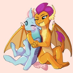 Size: 1500x1500 | Tagged: safe, artist:ashtodusk, imported from derpibooru, ocellus, smolder, changedling, changeling, dragon, blushing, changeling x dragon, commission, cute, diaocelles, dragoness, female, hug, interspecies, lesbian, older, older ocellus, older smolder, one eye closed, pink background, shipping, simple background, sitting, smolcellus, smolderbetes