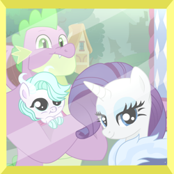 Size: 1000x1000 | Tagged: safe, artist:snowwind69, imported from derpibooru, rarity, spike, oc, oc:emerald turquoise, dracony, dragon, hybrid, pony, unicorn, the last problem, base used, eyeshadow, family, female, filly, foal, gigachad spike, interspecies offspring, lidded eyes, looking at you, makeup, male, mama rarity, mare, offspring, older, older spike, papa spike, parent:rarity, parent:spike, parents:sparity, photo, shipping, sparity, straight, trio, winged spike, wings