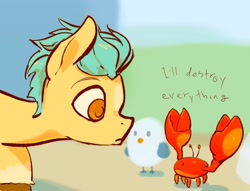 Size: 1989x1518 | Tagged: safe, artist:noupu, imported from derpibooru, hitch trailblazer, bird, crab, earth pony, pony, seagull, cute, dialogue, g5, hitchbetes, looking at each other, looking at someone, male, mcsnips-a-lot, stallion