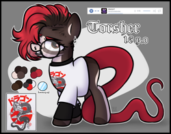 Size: 7000x5500 | Tagged: safe, artist:sadfloorlamp, imported from derpibooru, oc, oc:torsher, earth pony, hybrid, original species, pony, clothes, ear piercing, earring, glasses, jewelry, nose piercing, piercing, ponified, print, reference, reference sheet, septum piercing, shirt, snake tail, solo, t-shirt, tail