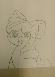 Size: 729x1024 | Tagged: safe, artist:up_p_ab, imported from derpibooru, apple bloom, earth pony, pony, female, filly, foal, solo, traditional art, waving