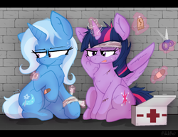 Size: 1150x886 | Tagged: safe, artist:malachimoet, imported from derpibooru, trixie, twilight sparkle, alicorn, pony, unicorn, bandage, blood, helping, medkit, messy mane, twilight sparkle (alicorn)