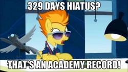 Size: 500x281 | Tagged: safe, edit, edited screencap, imported from derpibooru, screencap, spitfire, pegasus, pony, season 5, wonderbolts academy, academy record, caption, clothes, desk, desk lamp, female, hiatus, image macro, impact font, lamp, meme, necktie, slowpoke, solo, spitfire's office, sunglasses, text, uniform, wonderbolts dress uniform