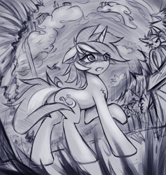 Size: 2053x2160 | Tagged: safe, artist:fajeh, imported from derpibooru, lyra heartstrings, bat pony, pony, unicorn, cloud, ear fluff, eye clipping through hair, eyebrows, eyebrows visible through hair, female, floppy ears, mare, monochrome, sketch, tornado