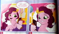 Size: 986x567 | Tagged: safe, imported from derpibooru, pipp petals, pegasus, pony, comic:the rehearsal, bad idea, bipedal, cellphone, comic, comments, cropped, female, g5, hoof hold, magazine scan, mare, my little pony: a new generation, phone, reaction image, smartphone, solo