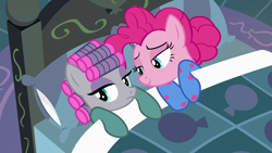 Size: 1280x720 | Tagged: safe, imported from derpibooru, maud pie, pinkie pie, earth pony, pony, rock solid friendship, season 7, bed, clothes, curly mane, duo, duo female, female, mare, pajamas, pie sisters, siblings, sisters