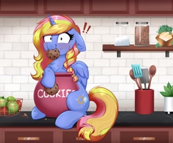 Size: 4000x3298 | Tagged: safe, alternate version, artist:confetticakez, oc, oc only, pegasus, pony, apple, blushing, caught, chest fluff, cookie, cookie jar, cookie thief, cute, eating, exclamation point, female, floppy ears, food, jar, kitchen, looking at you, mare, mouth hold, solo, spatula, spoon, sweat