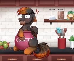 Size: 4000x3298 | Tagged: safe, alternate version, artist:confetticakez, oc, oc only, pegasus, pony, apple, blushing, caught, chest fluff, cookie, cookie jar, cookie thief, cute, eating, exclamation point, female, floppy ears, food, jar, kitchen, looking at you, mare, mouth hold, solo, spatula, spoon, sweat