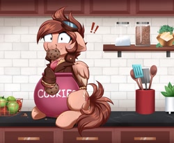Size: 4000x3298 | Tagged: safe, alternate version, artist:confetticakez, oc, oc only, pegasus, pony, apple, blushing, caught, chest fluff, cookie, cookie jar, cookie thief, cute, eating, exclamation point, female, floppy ears, food, goggles, jar, kitchen, looking at you, mare, mouth hold, solo, spatula, spoon, sweat