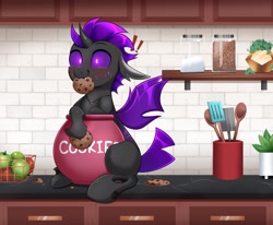 Size: 4000x3298 | Tagged: safe, alternate version, artist:confetticakez, oc, oc only, changeling, apple, blushing, caught, chest fluff, cookie, cookie jar, cookie thief, cute, eating, exclamation point, female, floppy ears, food, jar, kitchen, looking at you, mare, mouth hold, solo, spatula, spoon, spread wings, sweat, wings
