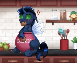 Size: 4000x3298 | Tagged: safe, alternate version, artist:confetticakez, oc, oc only, changeling, apple, blushing, caught, chest fluff, cookie, cookie jar, cookie thief, cute, eating, exclamation point, female, floppy ears, food, jar, kitchen, looking at you, mare, mouth hold, solo, spatula, spoon, spread wings, sweat, wings