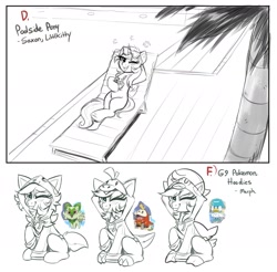 Size: 2192x2160 | Tagged: safe, artist:confetticakez, pony, unicorn, beach, clothes, costume, drink, female, glasses, hat, lying down, mare, monochrome, one eye closed, sitting, smiling