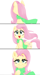 Size: 2048x3760 | Tagged: safe, fluttershy, pegasus, pony, clothes, comic, female, heart eyes, mare, open mouth, scarf, simple background, sitting, smiling, white background, wingding eyes