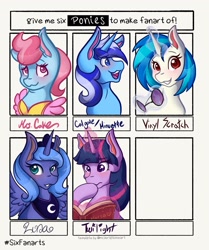 Size: 1715x2048 | Tagged: safe, artist:mscolorsplash, imported from derpibooru, cup cake, dj pon-3, minuette, princess luna, twilight sparkle, vinyl scratch, alicorn, earth pony, pony, unicorn, six fanarts, apron, book, clothes, female, glasses off, levitation, magic, mare, s1 luna, smiling, telekinesis