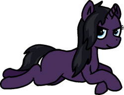 Size: 699x540 | Tagged: artist needed, source needed, safe, imported from twibooru, oc, oc only, oc:glimmer dusk, pony, unicorn, female, image, looking at you, mare, png, prone, simple background, white background