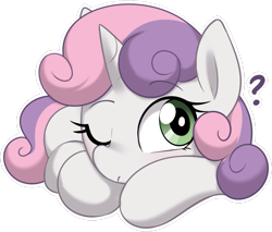 Size: 1189x1011 | Tagged: safe, artist:shinodage, imported from ponybooru, sweetie belle, pony, unicorn, female, filly, foal, one eye closed, question mark, simple background, transparent background