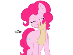 Size: 1032x774 | Tagged: safe, artist:datzigga, edit, editor:undeadponysoldier, imported from ponybooru, pinkie pie, earth pony, human, pony, cute, diapinkes, disembodied hand, eyes closed, female, finger in mouth, hand, happy, human male, human male on mare, human on pony action, interspecies, male, mare, open mouth, open smile, recolor, simple background, smiling, straight, white background