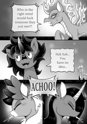 Size: 790x1131 | Tagged: safe, artist:vavacung, imported from derpibooru, king sombra, classical unicorn, deer, dragon, hybrid, longma, pony, unicorn, comic:crossover story, comic:crossover story 3, them's fightin' herds, blushing, callback, comic, community related, crossover, dialogue, eyes closed, female, grayscale, male, monochrome, oleander (tfh), open mouth, question mark, shocked, sneeze cut, sneezing, speech bubble, stallion, tianhuo (tfh), velvet (tfh), vulgar