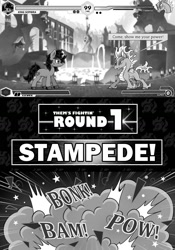 Size: 790x1131 | Tagged: safe, artist:vavacung, imported from derpibooru, king sombra, dragon, hybrid, longma, pony, unicorn, comic:crossover story, comic:crossover story 3, fighting is magic, them's fightin' herds, ball of violence, comic, community related, crossover, female, fight, fighting game, fighting stance, grayscale, health bars, huoshan, male, monochrome, mythology gag, stallion, tianhuo (tfh), video game