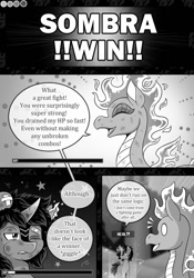 Size: 790x1131 | Tagged: safe, artist:vavacung, imported from derpibooru, king sombra, dragon, hybrid, longma, pony, unicorn, comic:crossover story, comic:crossover story 3, them's fightin' herds, aftermath, bandaid, breaking the fourth wall, bump, comic, community related, crossover, female, giggling, grayscale, healing, health bars, magic, male, monochrome, post fight, stallion, surprised, tianhuo (tfh), video game