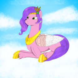 Size: 1500x1500 | Tagged: safe, artist:saint boniface, imported from derpibooru, pipp petals, pegasus, pony, cloud, crown, female, g5, jewelry, lying down, lying on a cloud, mare, on a cloud, peytral, prone, regalia, sky, smiling, solo