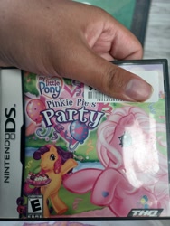 Size: 3000x4000 | Tagged: safe, imported from derpibooru, pinkie pie (g3), scootaloo (g3), earth pony, human, pony, box art, g3, hand on hip, irl, irl human, nintendo, nintendo ds, photo, price tag, video game