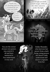 Size: 790x1131 | Tagged: safe, artist:vavacung, imported from derpibooru, fhtng th§ ¿nsp§kbl, king sombra, classical unicorn, demon, dragon, hybrid, longma, pony, unicorn, comic:crossover story, comic:crossover story 3, them's fightin' herds, blushing, book, cloven hooves, comic, community related, crossover, crystal, dark magic, female, grayscale, leonine tail, magic, male, monochrome, oleander (tfh), sombra eyes, stallion, tail, tianhuo (tfh), unicornomicon, unshorn fetlocks
