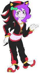 Size: 1476x2616 | Tagged: safe, artist:doodlegamertj, imported from derpibooru, oc, oc only, oc:mable syrup, bow, deaf, gray eyes, hair bow, outfit, purple hair, shadow the hedgehog, simple background, solo, sonic the hedgehog (series), transparent background