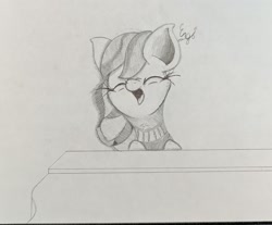 Size: 1998x1658 | Tagged: safe, artist:engi, imported from derpibooru, coloratura, earth pony, pony, the mane attraction, clothes, eyes closed, female, musical instrument, open mouth, pencil drawing, piano, simple background, solo, traditional art