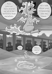 Size: 790x1131 | Tagged: safe, artist:vavacung, imported from derpibooru, dragon, hybrid, longma, comic:crossover story, comic:crossover story 3, them's fightin' herds, butt, comic, community related, crossover, female, grayscale, looking back, monochrome, open mouth, plot, sitting, solo, tianbutt, tianhuo (tfh)