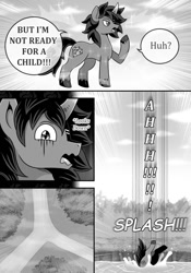 Size: 790x1131 | Tagged: safe, artist:vavacung, imported from derpibooru, king sombra, pony, unicorn, comic:crossover story, comic:crossover story 3, them's fightin' herds, comic, community related, crossover, falling, male, splash, stallion, teleportation, water