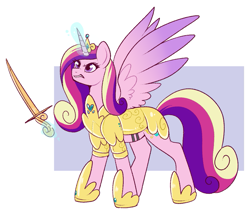 Size: 1013x882 | Tagged: safe, artist:lulubell, imported from derpibooru, princess cadance, alicorn, pony, armor, colored wings, fantasy class, female, frown, glowing, glowing horn, gritted teeth, horn, magic, magic aura, mare, solo, spread wings, sword, teeth, telekinesis, warrior, weapon, wings