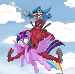 Size: 750x744 | Tagged: safe, artist:richietoons, imported from derpibooru, twilight sparkle, alicorn, alien, human, pony, cloud, crossover, deadpool, double riding, female, flying, frown, he-man and the masters of the universe, help me, humans riding ponies, lilo and stitch, male, mare, marvel, open mouth, open smile, power sword, riding, riding a pony, sky, smiling, spread wings, sword, trio, twilight sparkle (alicorn), weapon, wings