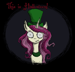 Size: 1020x973 | Tagged: safe, artist:alorix, imported from derpibooru, oc, oc only, oc:ella elixir, pony, unicorn, collar, crossover, hat, not roseluck, peach coat, pink mane, simple background, the nightmare before christmas, top hat