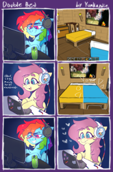 Size: 4505x6818 | Tagged: safe, artist:yumkandie, imported from derpibooru, fluttershy, rainbow dash, pegasus, pony, absurd resolution, bed, blushing, cheek fluff, chest fluff, comic, computer, duo, duo female, eye clipping through hair, eyebrows, eyebrows visible through hair, fangs, female, floating heart, flutterdash, grin, headphones, heart, hoof on chin, laptop computer, lesbian, mare, minecraft, open mouth, open smile, piercing, pride flag, shipping, signature, smiling