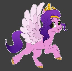 Size: 725x717 | Tagged: safe, artist:13_cleric, imported from derpibooru, pipp petals, pegasus, pony, crown, eye clipping through hair, eyebrows, eyebrows visible through hair, female, g5, gray background, jewelry, mare, open mouth, open smile, outline, regalia, simple background, smiling, solo, spread wings, white outline, wings