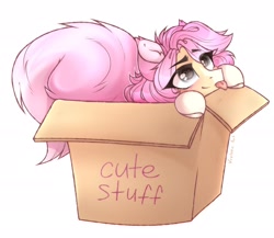 Size: 2048x1775 | Tagged: safe, artist:kreteen art, imported from derpibooru, oc, oc only, oc:alina, pony, :p, box, cute, gift art, pet, pony in a box, simple background, solo, tongue out, white background