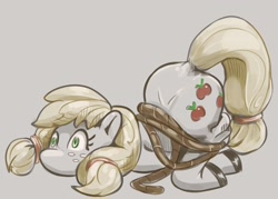 Size: 2378x1702 | Tagged: safe, artist:applephil, imported from derpibooru, applejack, earth pony, pony, applebutt, butt, face down ass up, female, gray background, hatless, mare, missing accessory, plot, rope, silly, silly pony, simple background, solo, tangled up, tied up, who's a silly pony
