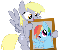 Size: 1105x932 | Tagged: safe, artist:katnekobase, artist:twilyisbestpone, derpibooru exclusive, imported from derpibooru, derpy hooves, rainbow dash, pegasus, pony, base used, cute, derpabetes, female, flying, hoof hold, mare, picture, picture frame, simple background, spread wings, transparent background, underp, wings