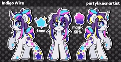 Size: 4000x2066 | Tagged: safe, artist:partylikeanartist, imported from derpibooru, oc, oc only, oc:indigo wire, pony, unicorn, eye clipping through hair, eyebrows, eyebrows visible through hair, facial markings, ponytail, reference sheet, solo