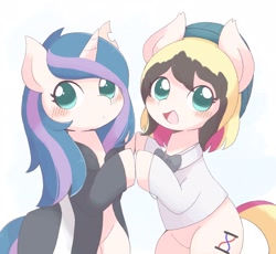 Size: 1947x1794 | Tagged: safe, artist:ginmaruxx, imported from derpibooru, oc, oc only, earth pony, pony, unicorn, blushing, bowtie, clothes, cute, duo, duo female, female, hat, holding hooves, horn, jacket, looking at you, mare, ocbetes, open mouth, open smile, simple background, smiling, smiling at you, torn ear, white background