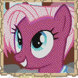 Size: 822x822 | Tagged: safe, artist:twedis, imported from derpibooru, jasmine leaf, earth pony, pony, 2b2t, beautiful, blue eyes, bust, eyelashes, eyeshadow, female, game screencap, looking at someone, makeup, mare, minecraft, minecraft pixel art, movie accurate, pixel art, portrait, smiling, solo, teeth