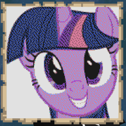 Size: 447x446 | Tagged: safe, artist:twedis, imported from derpibooru, twilight sparkle, pony, unicorn, 2b2t, beautiful, bust, eyelashes, female, game screencap, looking at you, mare, minecraft, minecraft pixel art, movie accurate, open mouth, pixel art, portrait, simple background, smiling, solo, teeth