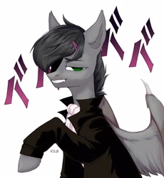 Size: 1987x2160 | Tagged: safe, artist:aay41x, imported from derpibooru, oc, oc only, oc:dante fly, hybrid, pony, vampire, fangs, hairpin, half bat pony, jabot, male, simple background, solo, tailcoat, white background